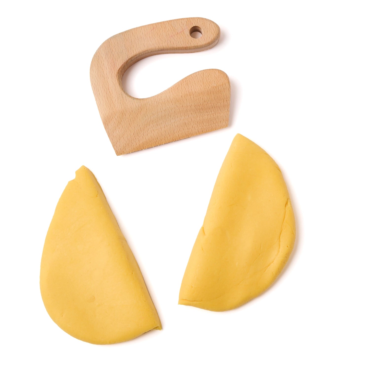Wooden play dough cutter slicing natural dough for pretend baking and sensory play