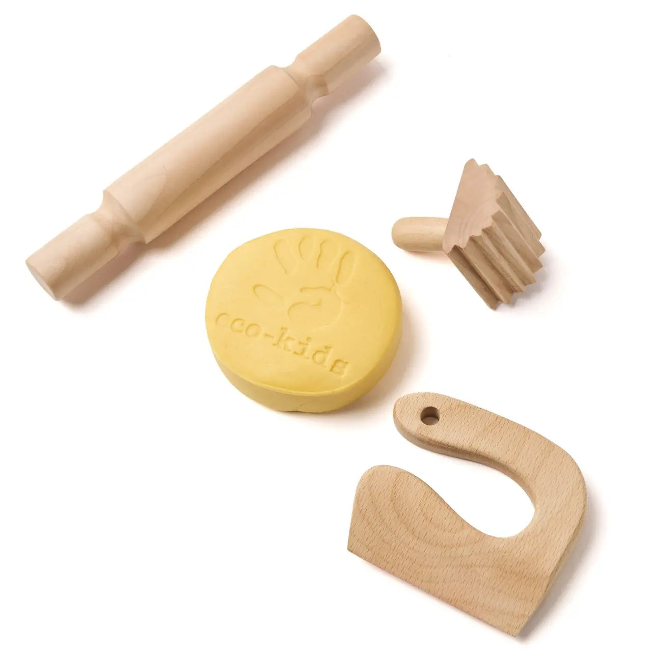 Wooden play dough tools including roller, cutter, and texture stamp with natural dough