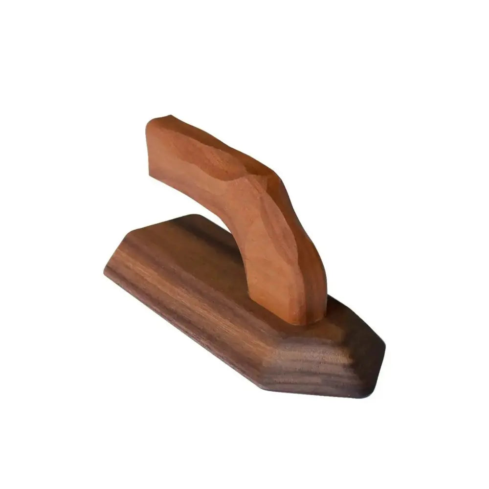 Hand-carved wooden play iron angled view made from cherry and walnut wood