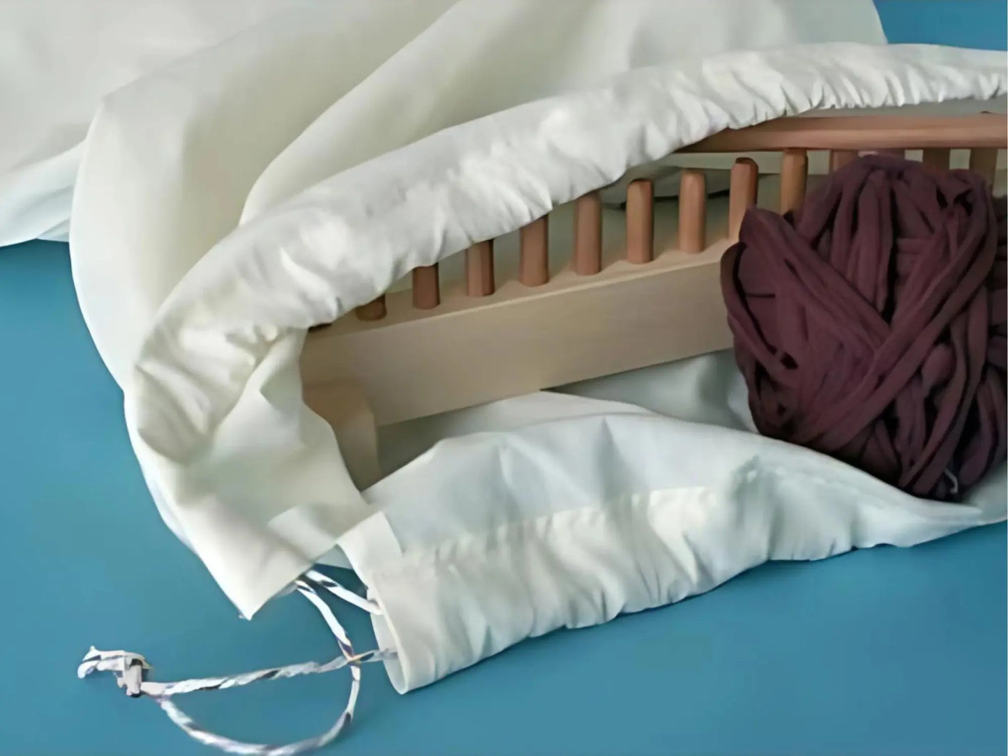 Wooden potholder loom kit with cotton drawstring storage bag and recycled cotton tricot yarn