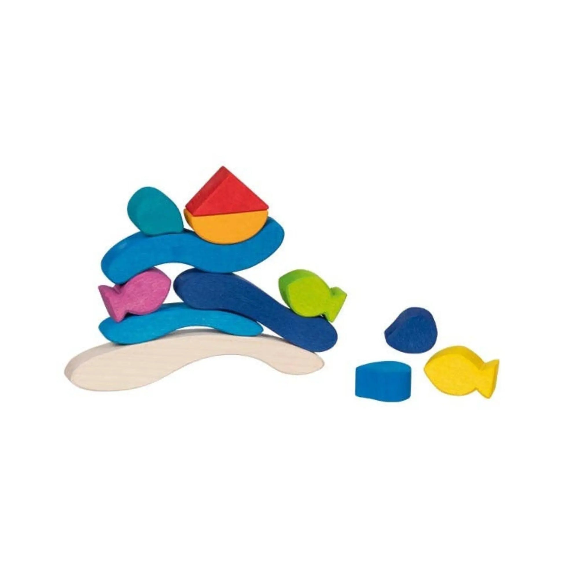 Colorful wooden toy set with fish on a white background