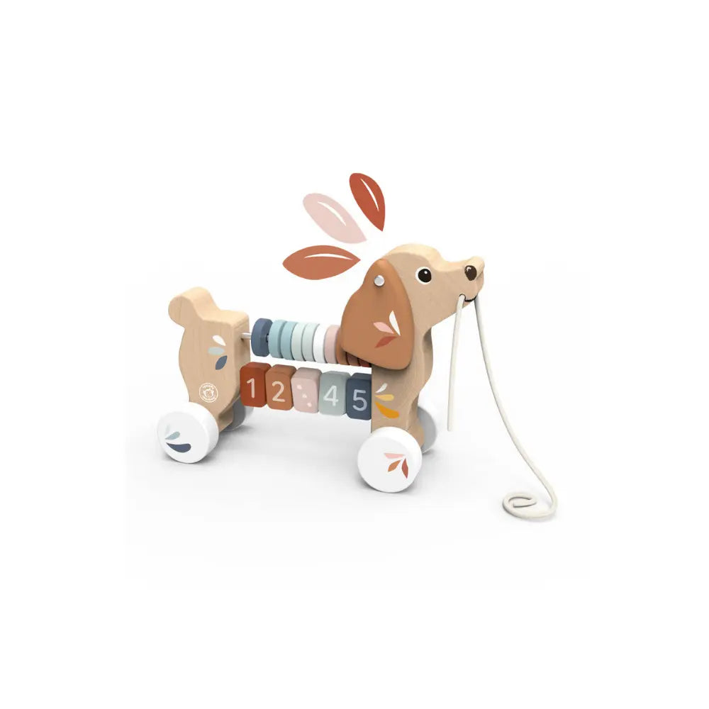 Wooden puppy pull along toy for toddlers with rolling wheels and pull string