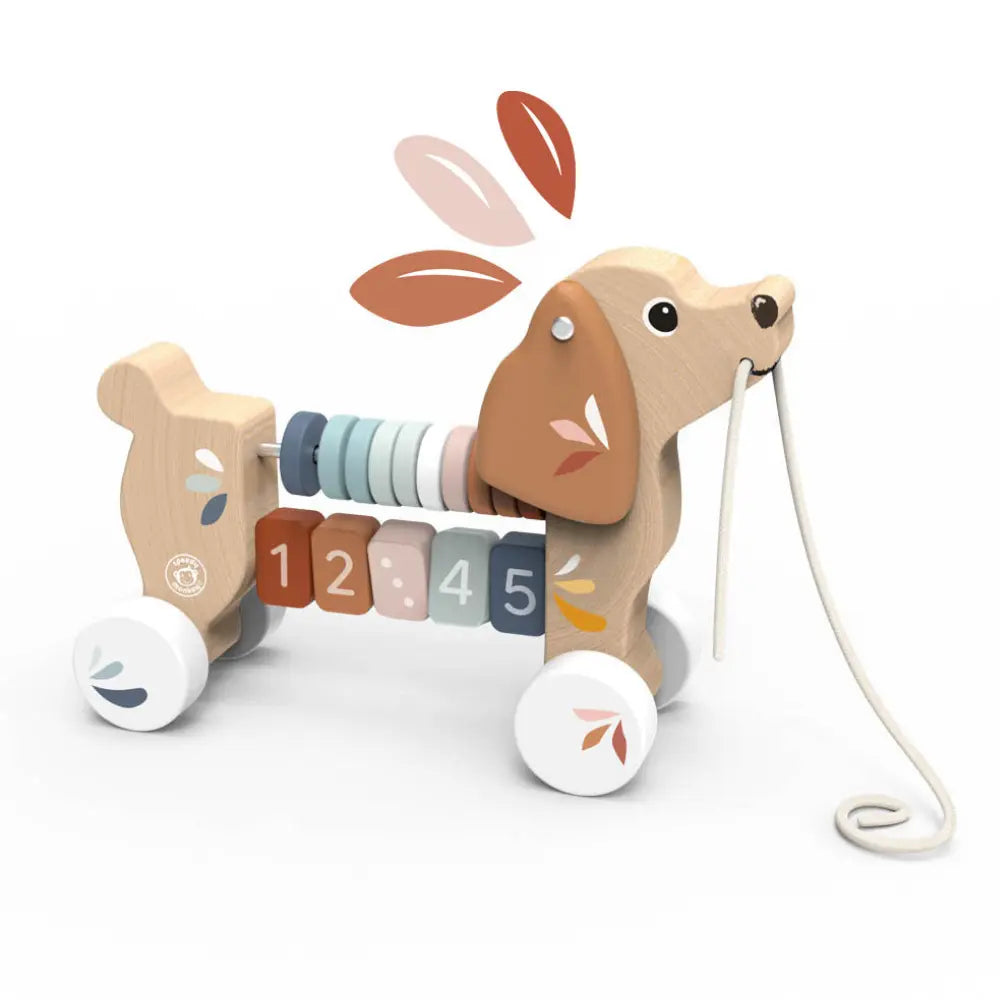 Wooden puppy pull along toy for toddlers with rolling wheels and pull string
