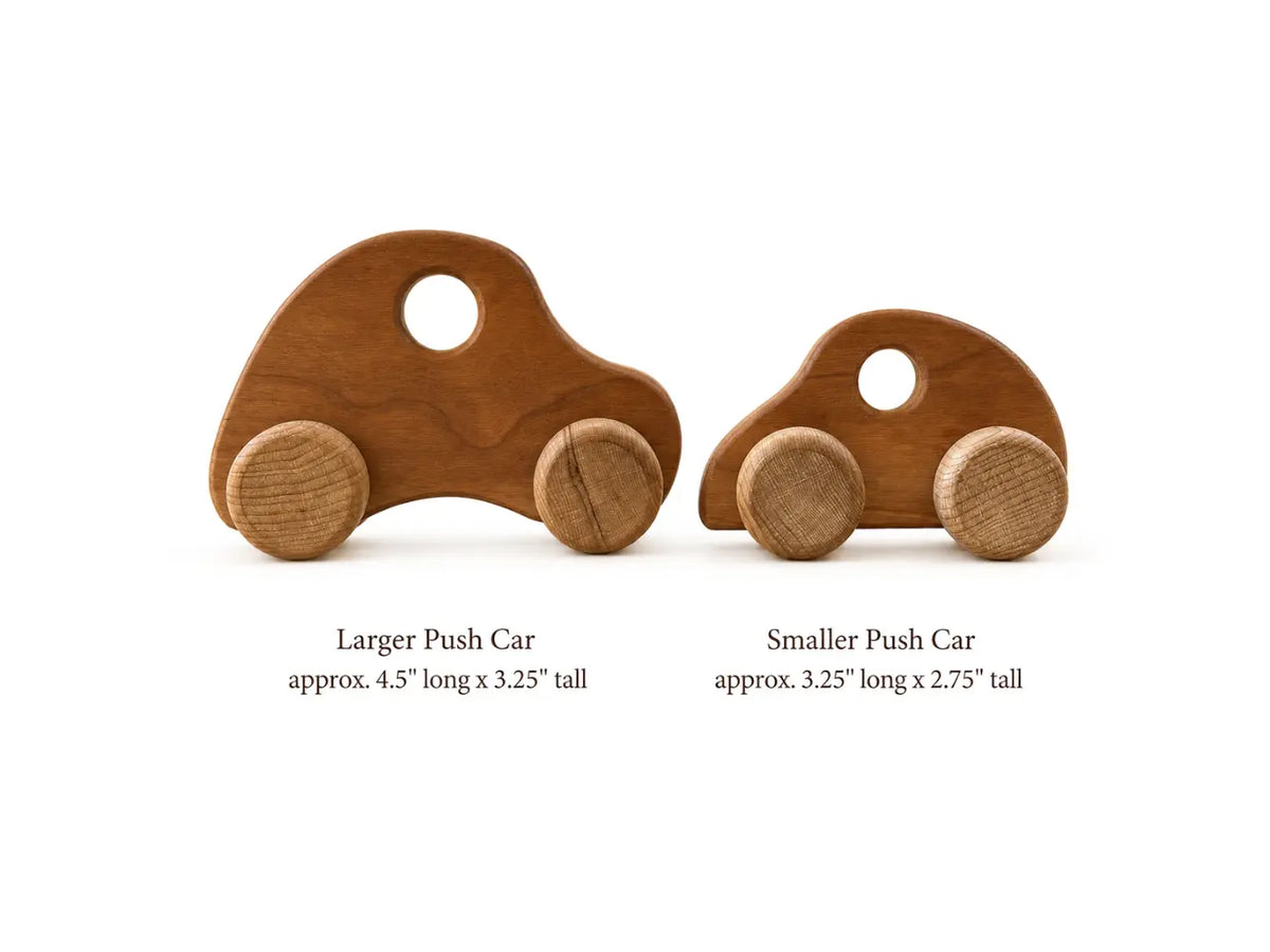 Wooden push cars in two sizes with dimensions shown