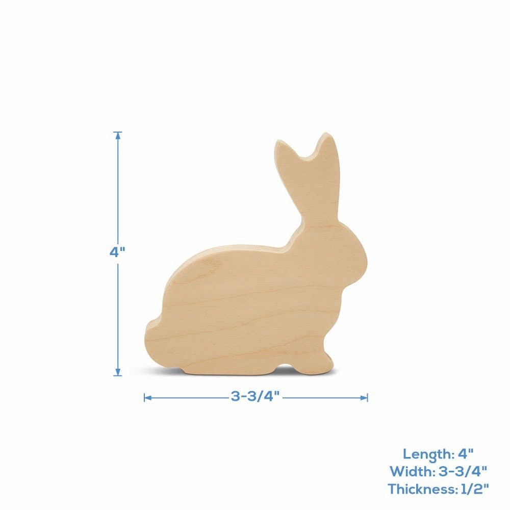 Wooden rabbit-shaped cutout with dimensions on a white background