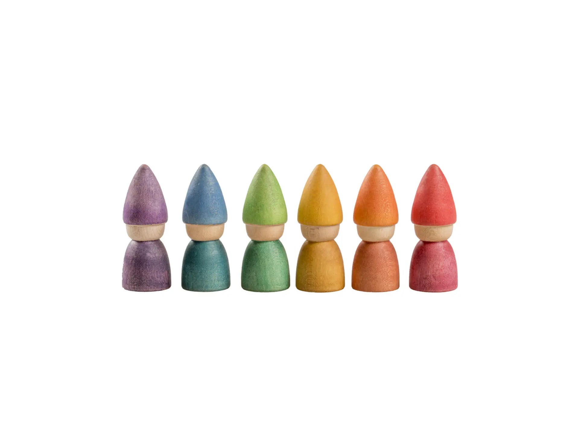 Set of six colorful wooden gnome peg dolls by Grapat with rainbow-colored bodies on a white background