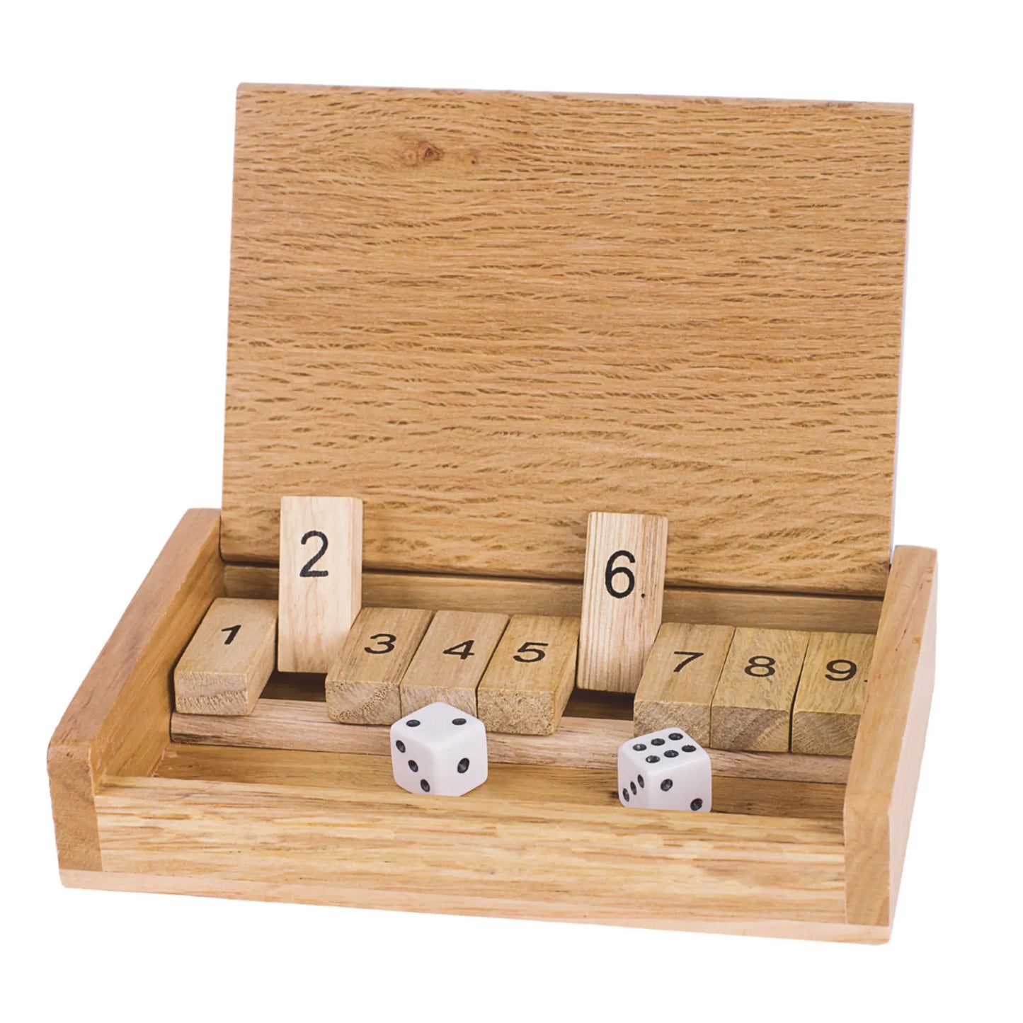 Wooden dice game set with numbered wooden blocks and two dice on a white background