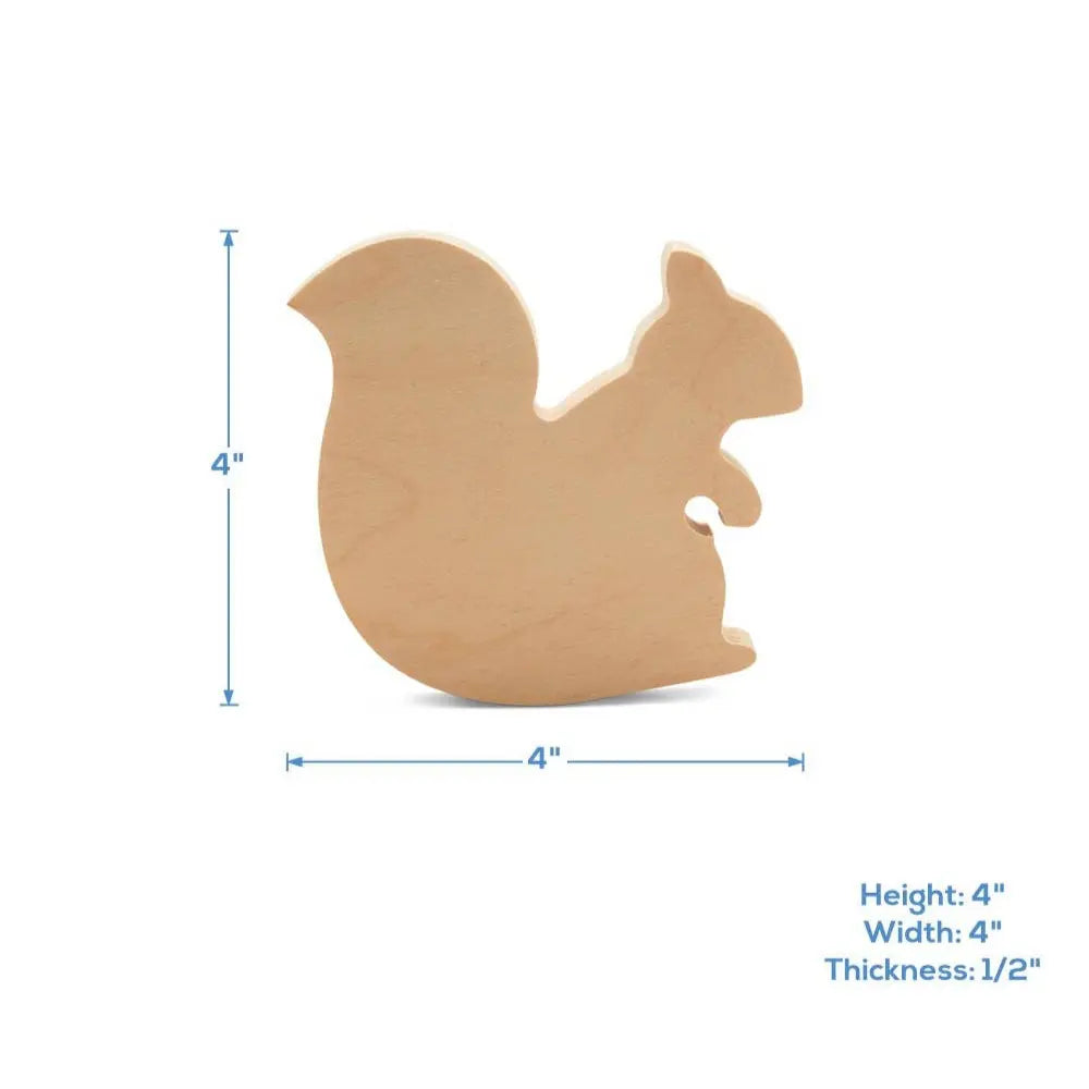 Wooden squirrel-shaped cutout with dimensions on a white background