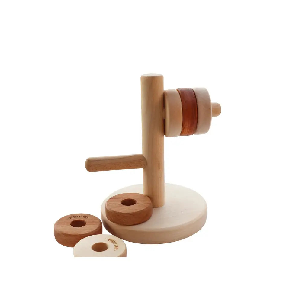 Wooden Story horizontal stacker side view with natural wooden discs