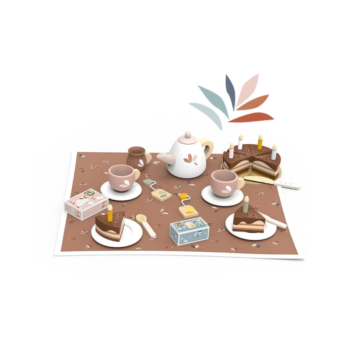 Wooden pretend tea party set with sliced chocolate birthday cake, candles, pink teacups, teapot, and play tea accessories.