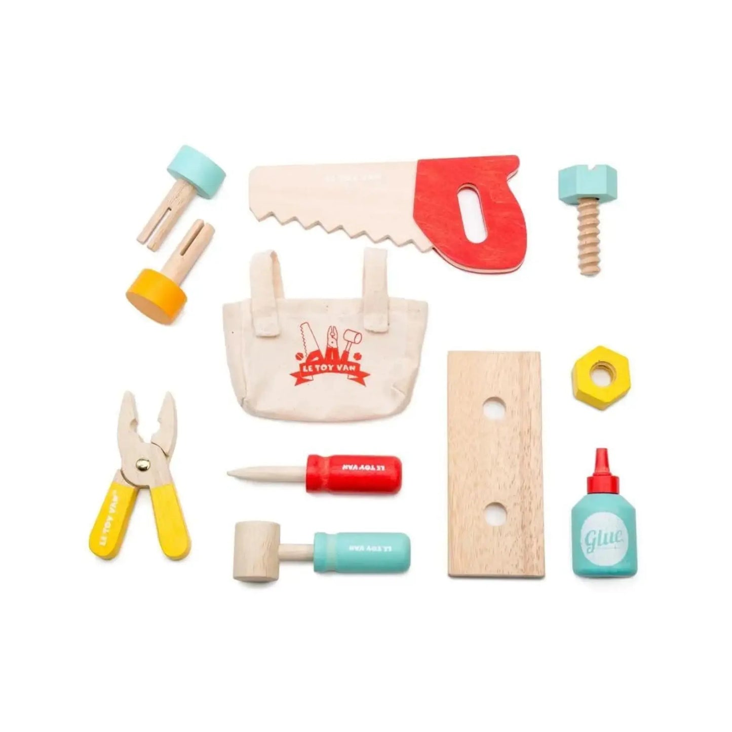 Set of colorful wooden tools and accessories on a white background