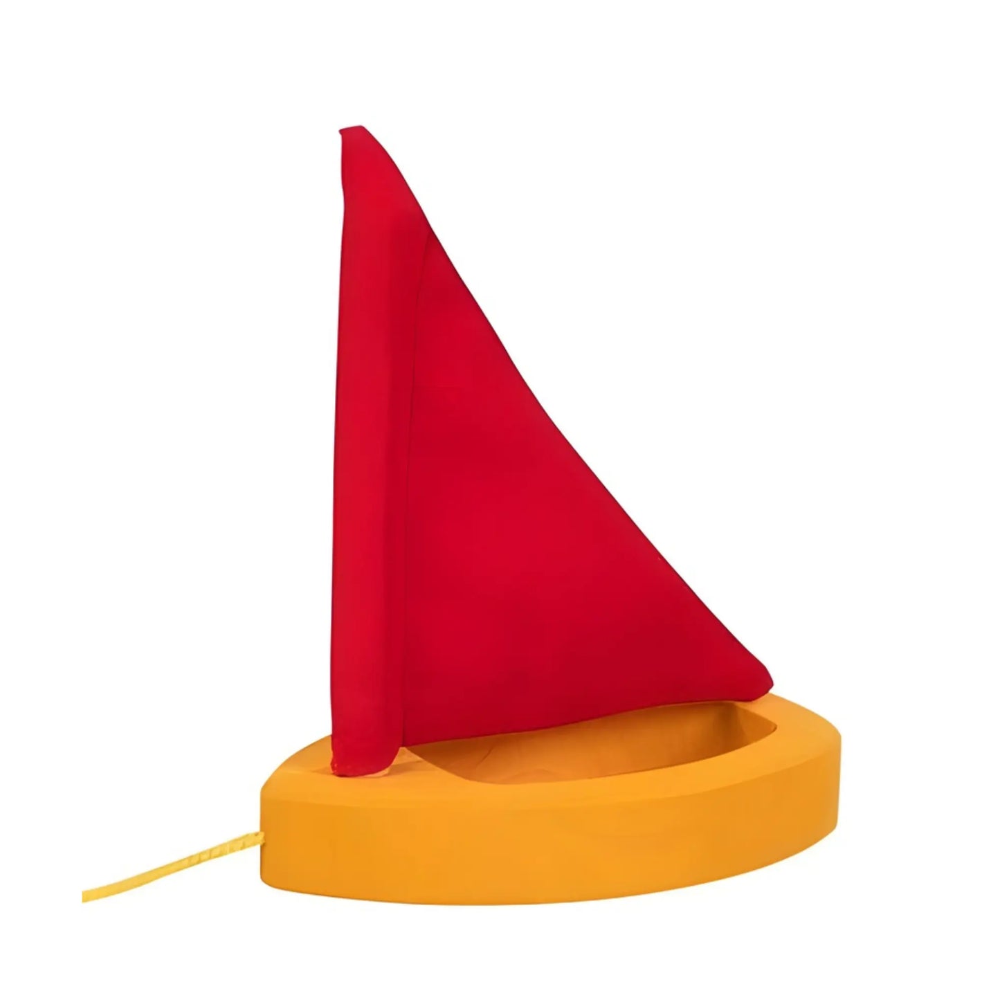 Goki toy yellow wooden sailboat with red fabric sail on a white background
