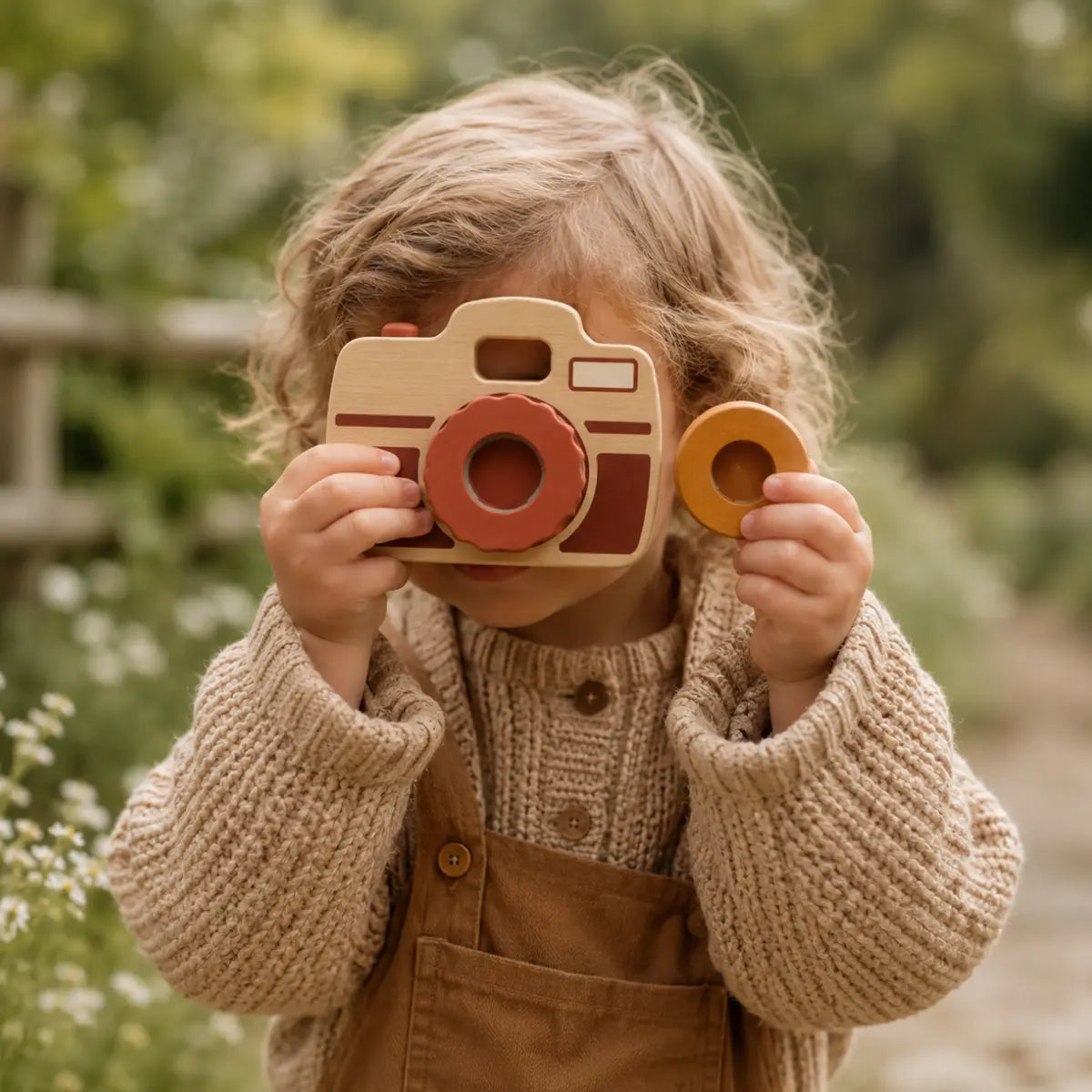 Young child playing with a wooden toy camera outdoors during pretend play