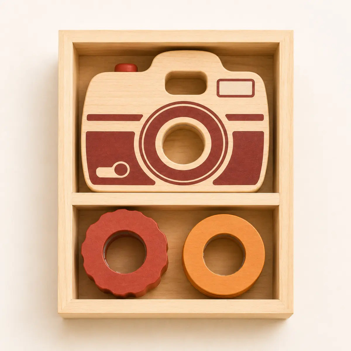 Wooden toy camera set in wooden storage box with two interchangeable lens pieces