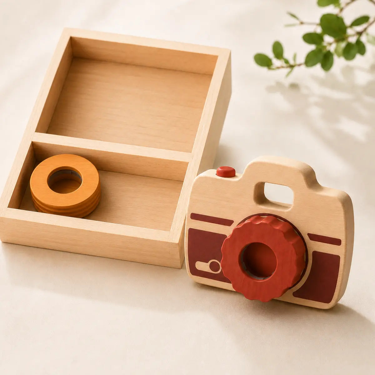 Wooden toy camera with interchangeable lens pieces and wooden storage tray