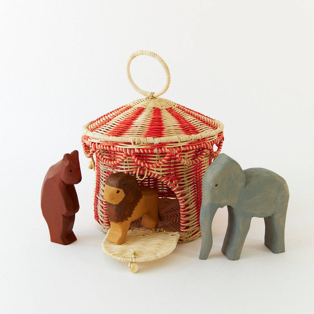 Woven animal playset with a striped tent-like structure on a white background