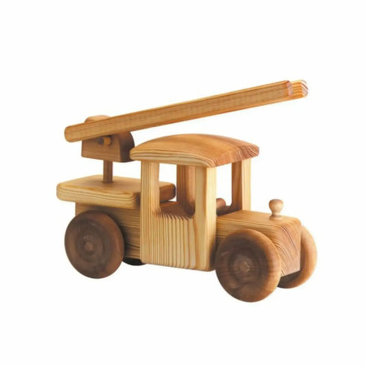Handcrafted wooden toy firetruck with swiveling ladder made from beechwood and pine