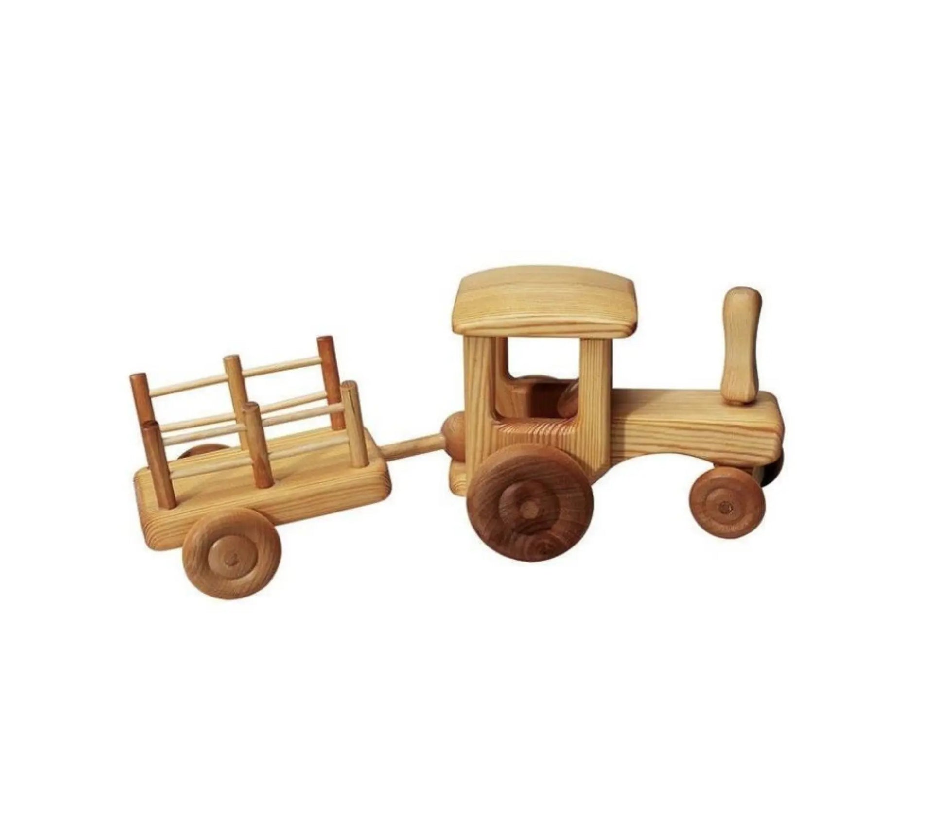 Wooden tractor with trailer by Telleby shown from side angle with attached trailer