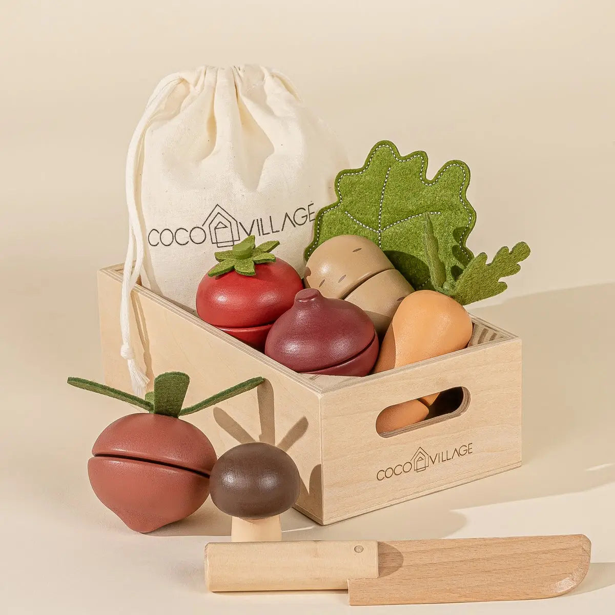 Wooden Toy Vegetables by Coco Village with play knife