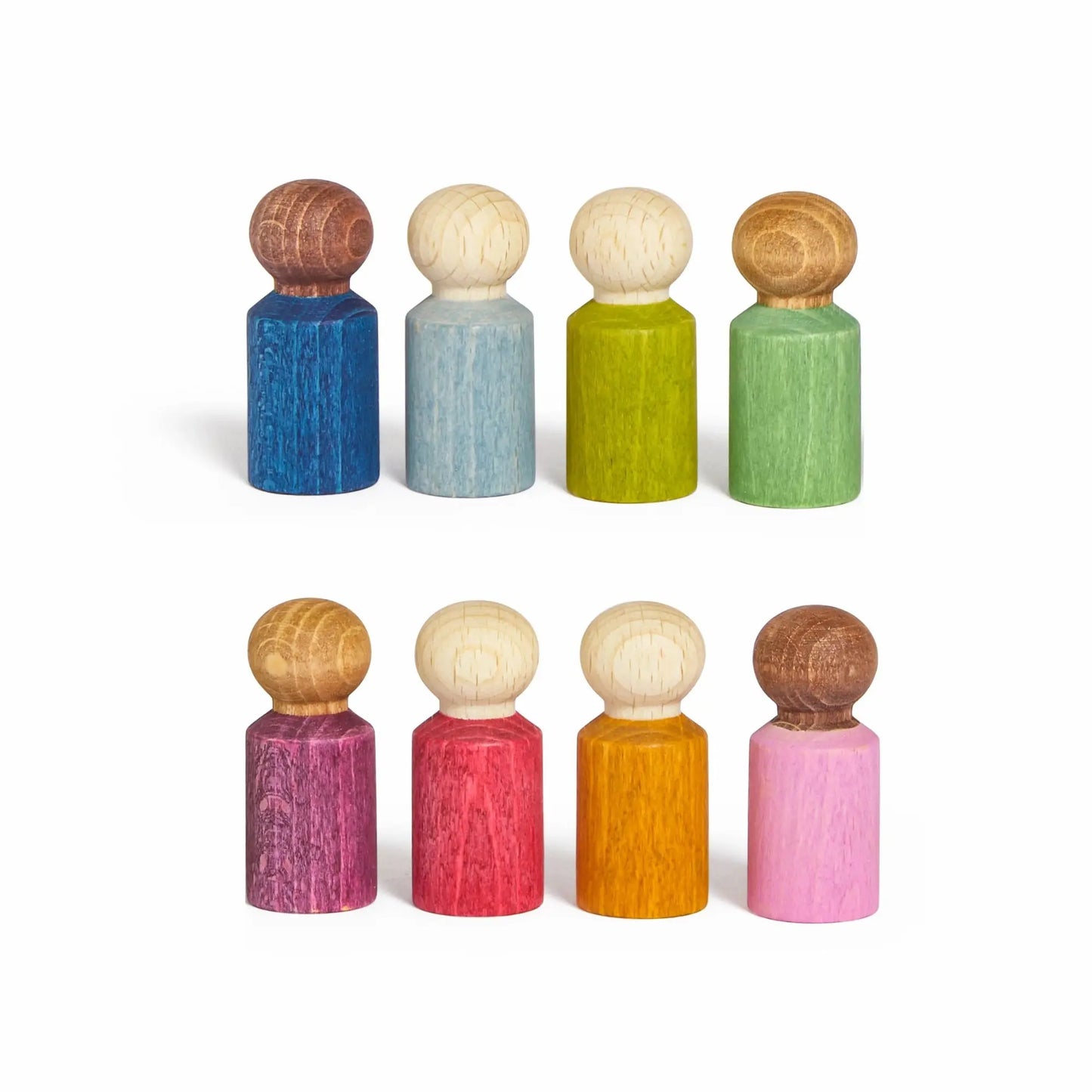 Close-up of eight Lubulona Lubu People wooden figures, showing natural wood grain and variety of skin tones and colors