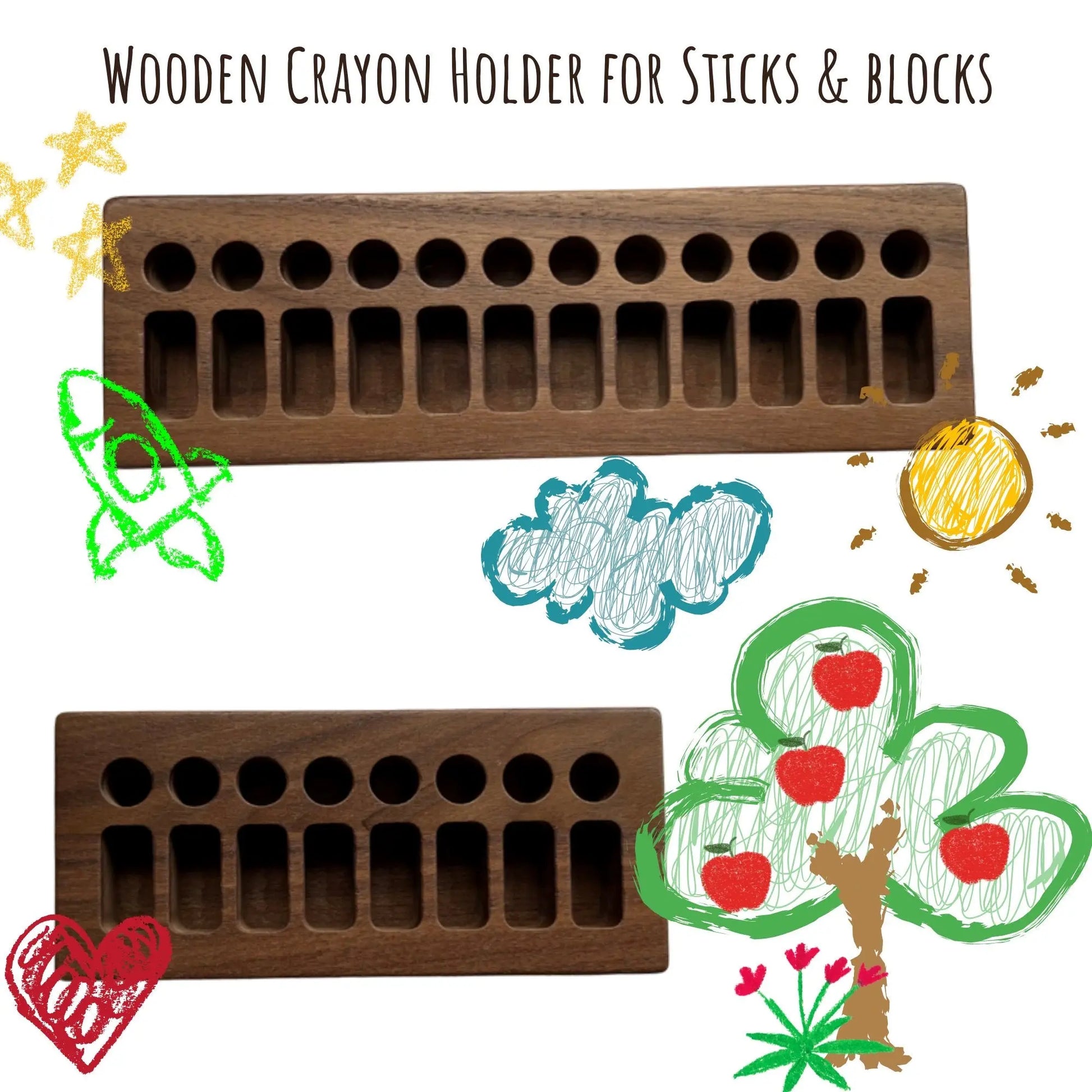 Wooden crayon holder for sticks and blocks with colorful drawings on a white background