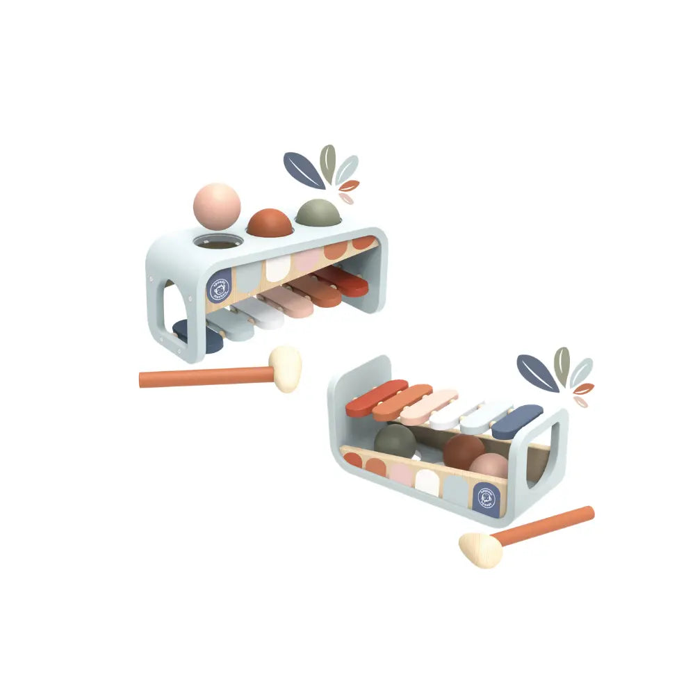 Wooden xylophone hammer bench toy for toddlers with balls and mallet