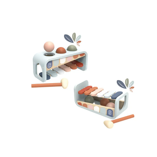 Wooden xylophone hammer bench toy for toddlers with balls and mallet