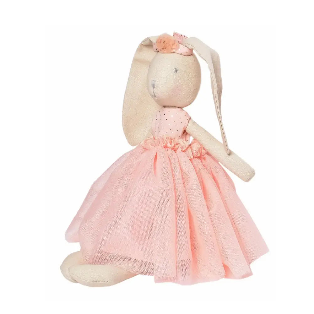 Stuffed woodland animal doll with a pink dress on a white background