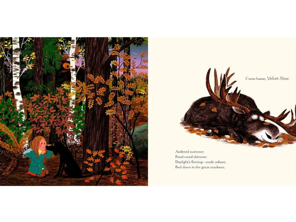 Illustration of a person with a dog in a forest and a moose lying down.