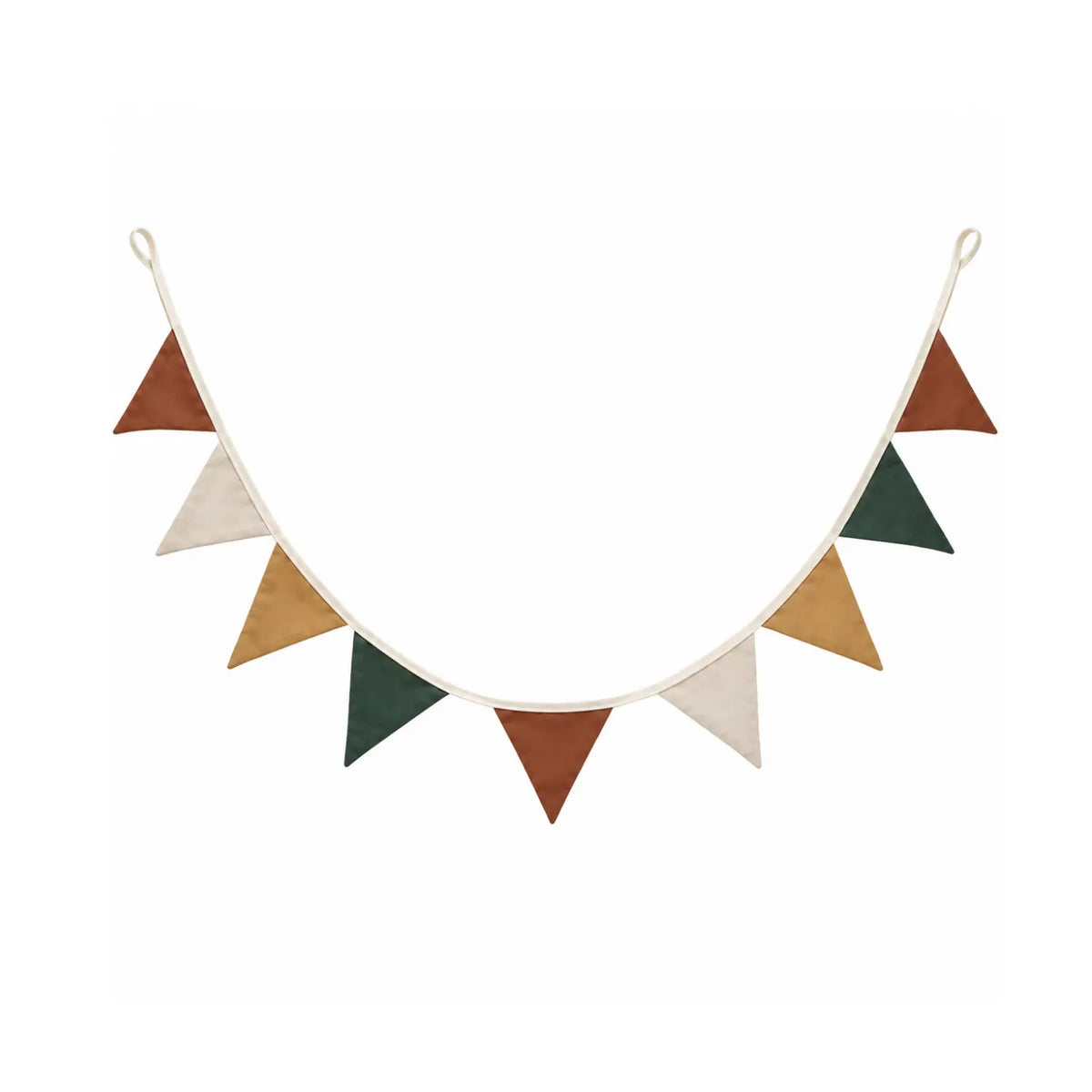 Woodland linen pennant garland in cinnamon, ivory, ochre and deep green hanging against a white brick wall.