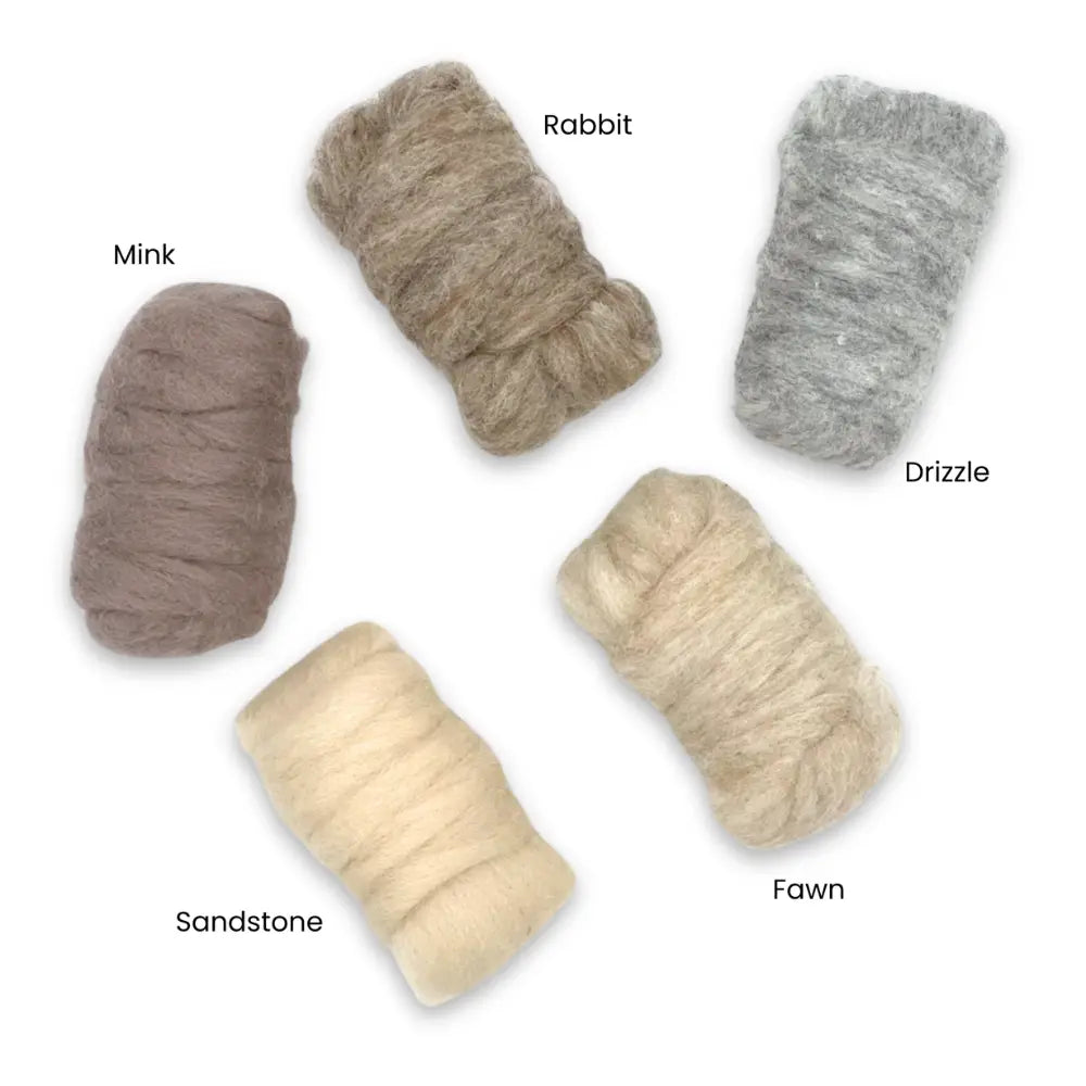 Five Woodland Neutrals Corriedale wool sliver colors with name labels on white