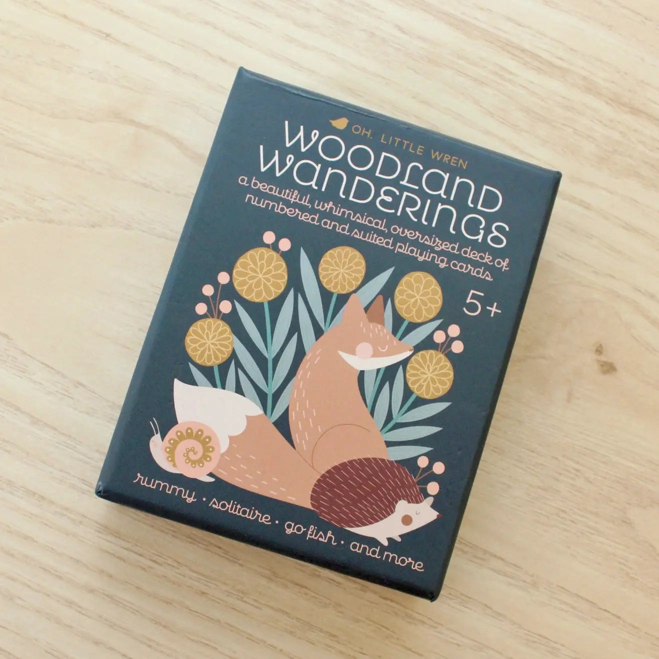 Woodland playing cards box with fox illustration shown at angle