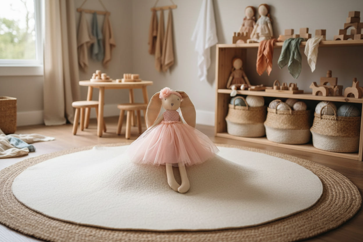 Plush toy with a pink dress and tutu on playroom background