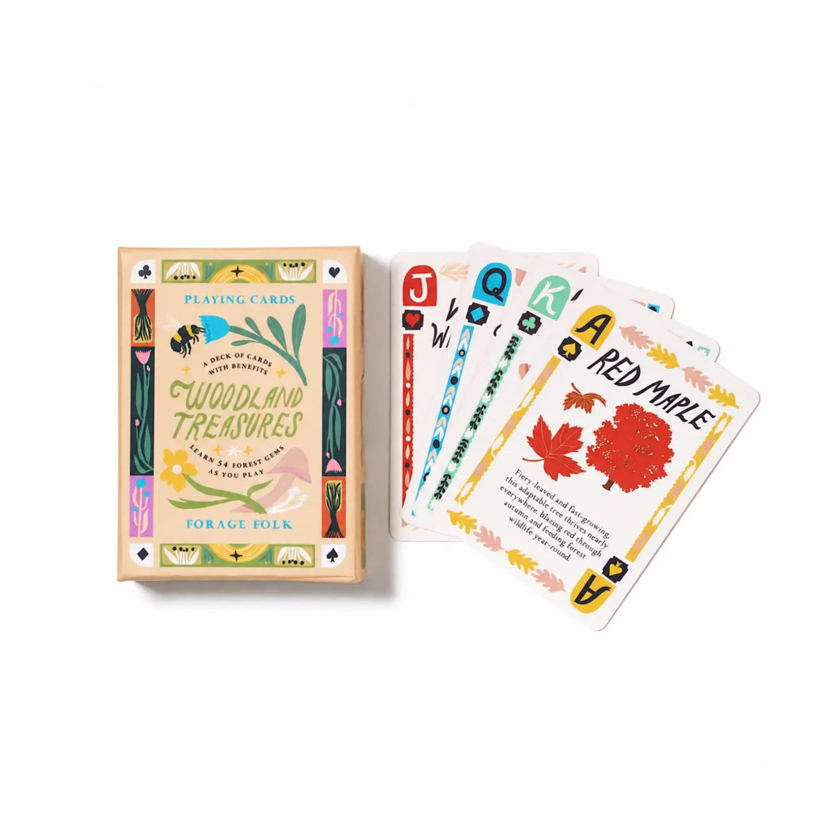 A deck of illustrated playing cards called Woodland Treasures with Red Maple Card
