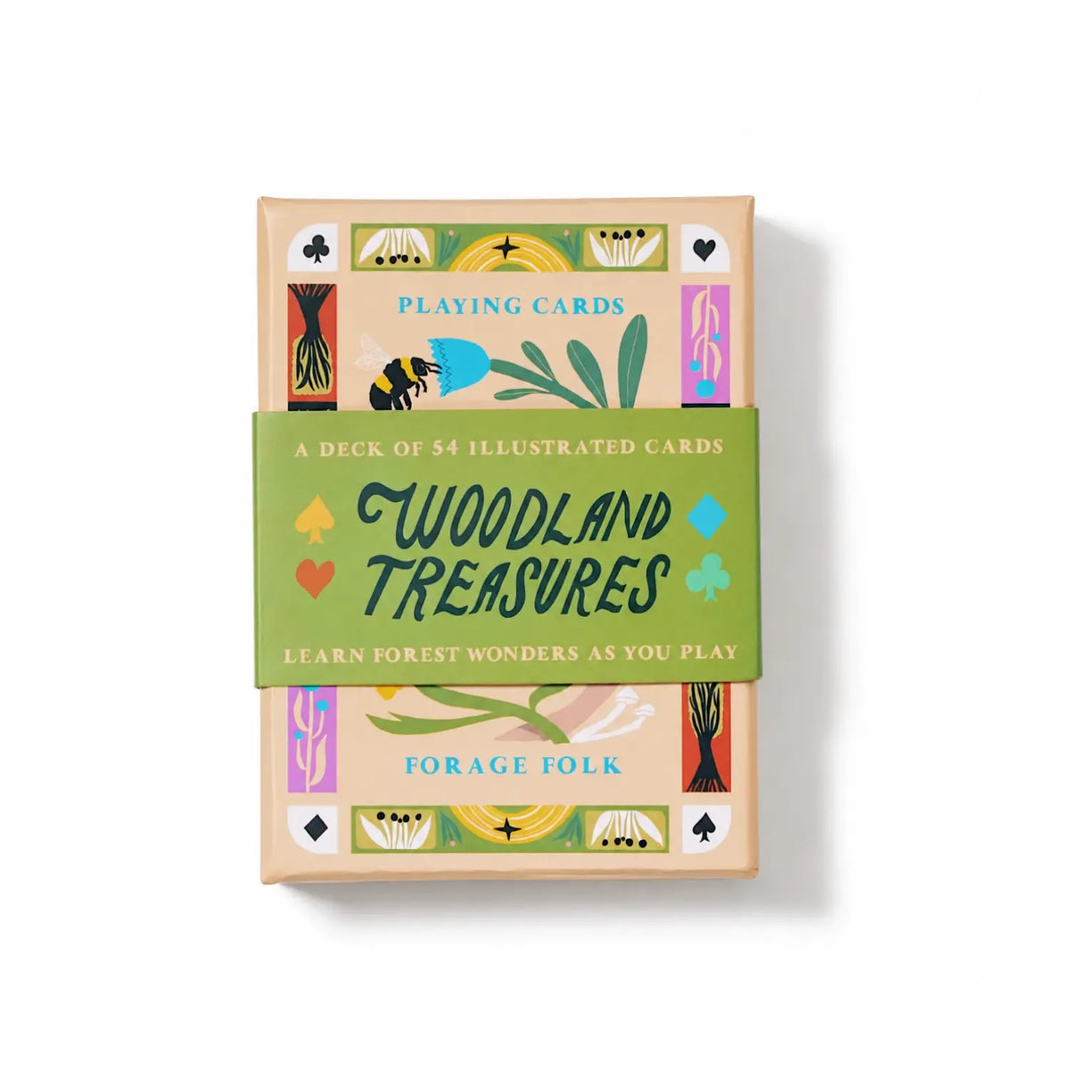 A deck of illustrated playing cards wrapped in a green paper band that reads 'Woodland Treasures'. 