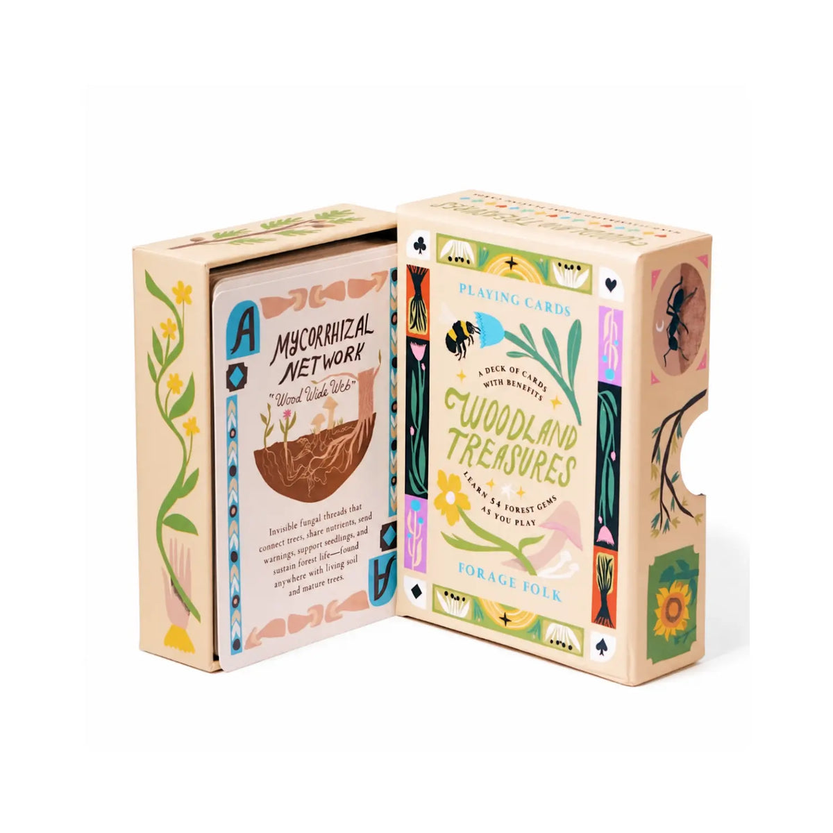 A boxed card game set with packaging cream-colored with colorful botanical illustration and the inside card reads 'Mycorrhizal Network' 