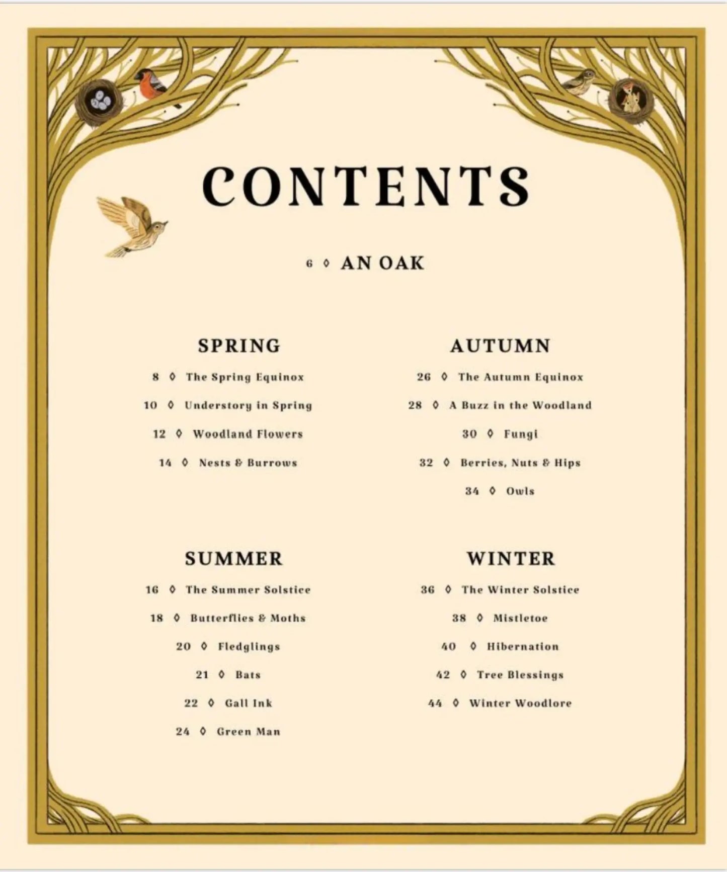 Contents page from Woodlore showing sections for spring, summer, autumn, and winter