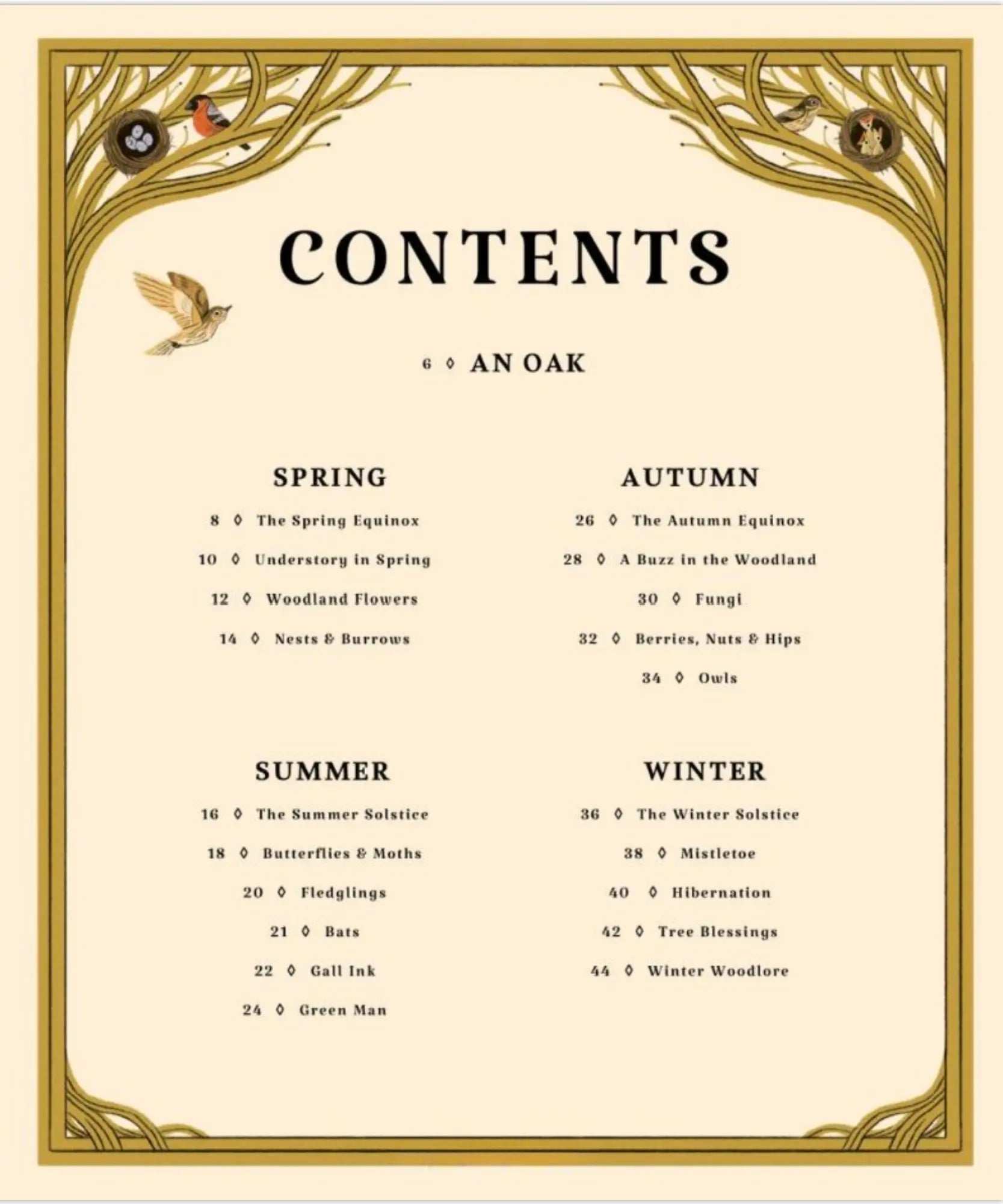 Contents page from Woodlore showing sections for spring, summer, autumn, and winter