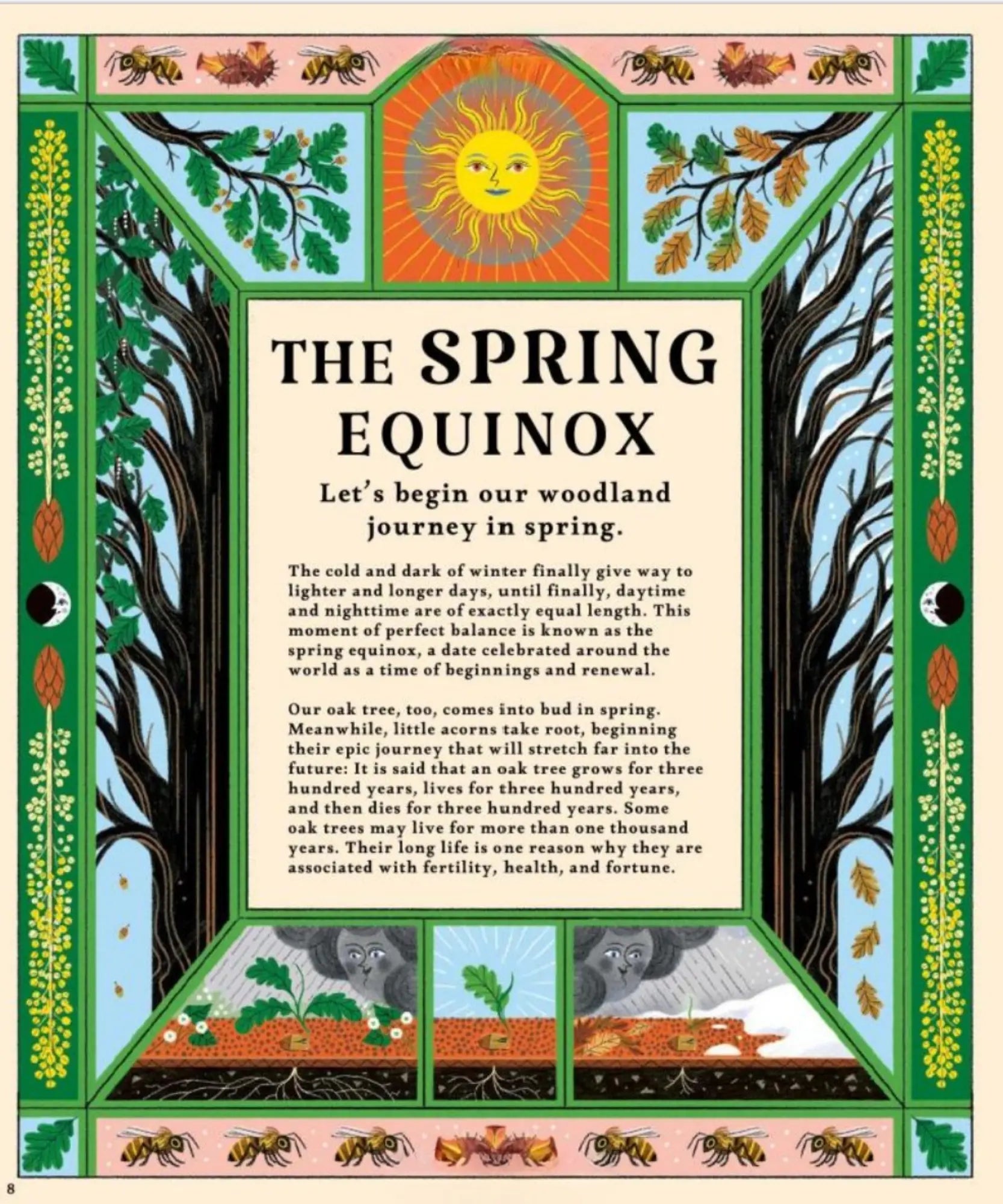 Spring Equinox illustrated page from Woodlore exploring seasonal changes and traditions