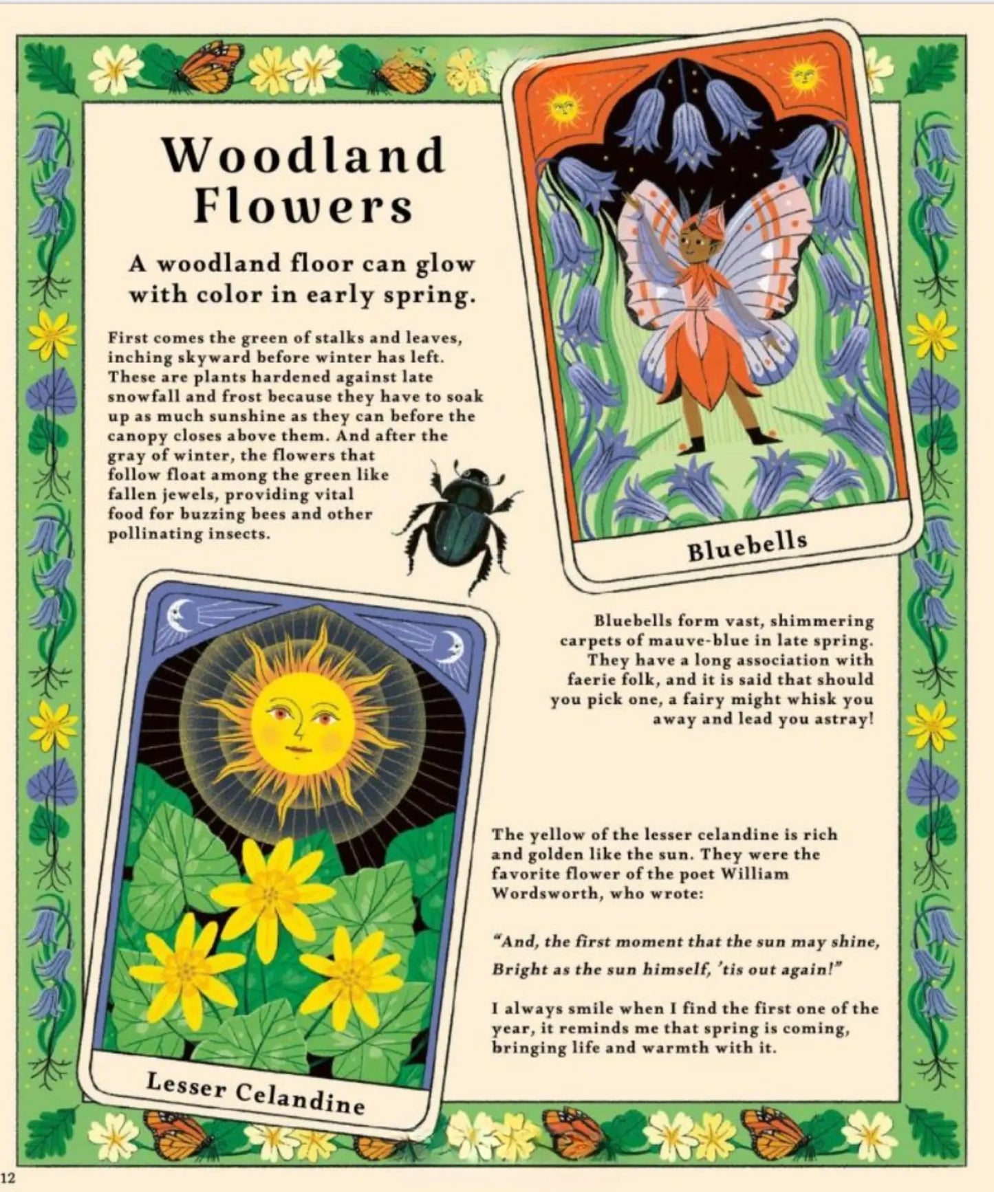 Woodland Flowers page from Woodlore featuring spring flowers and illustrated forest nature study