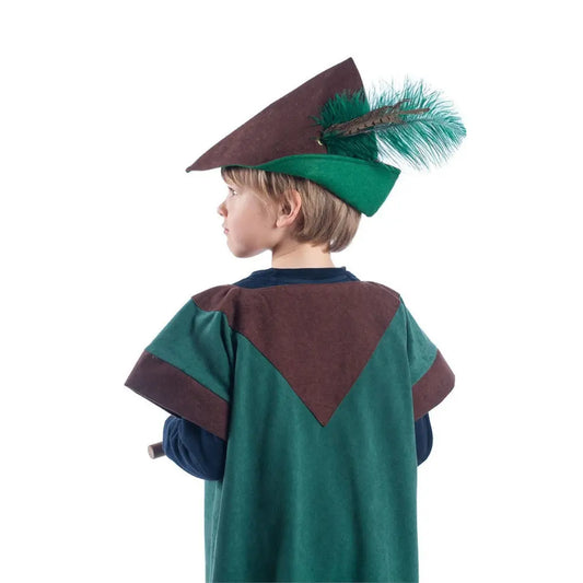 Child wearing woodsman dress-up hat with feather for imaginative woodland play