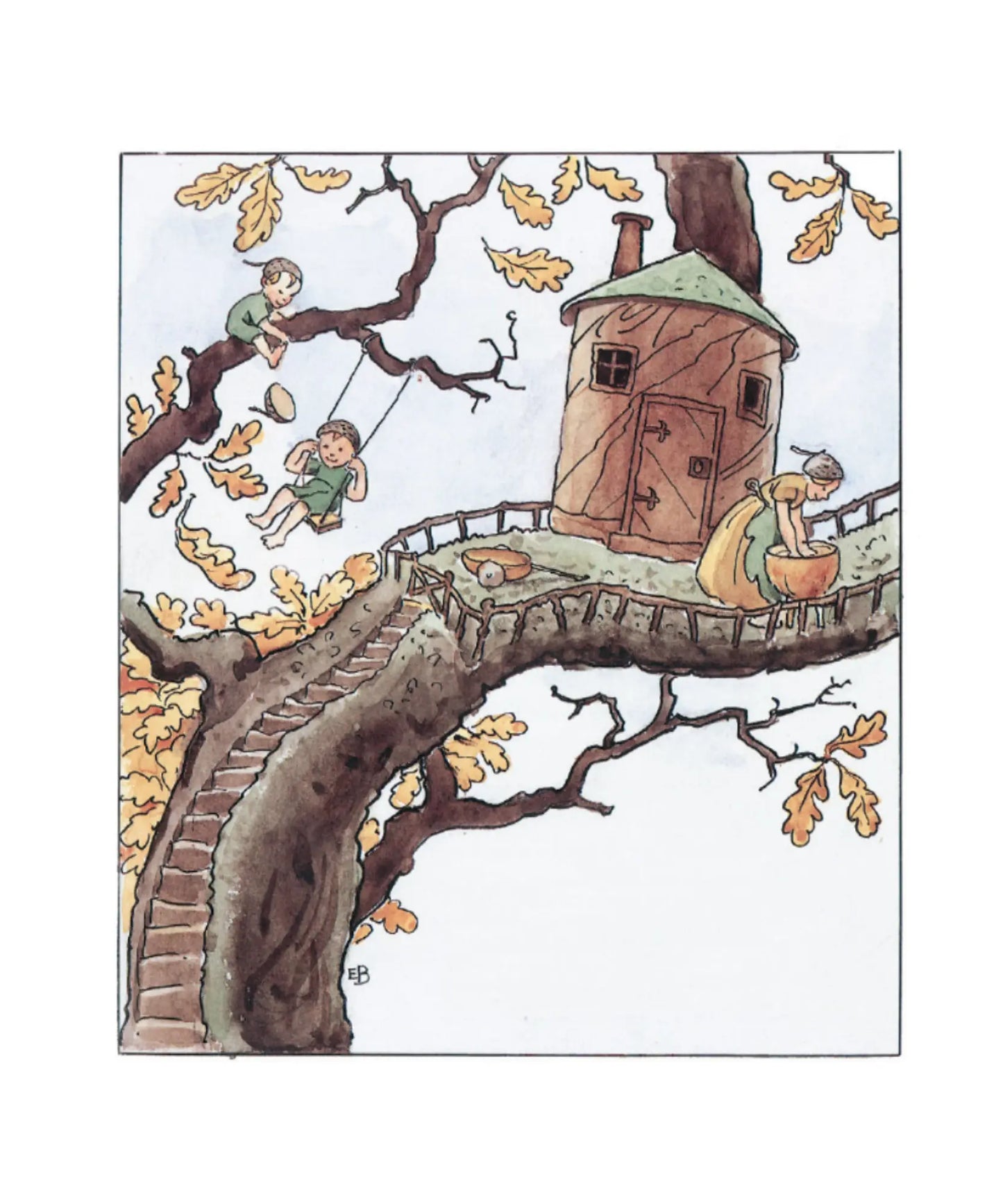Illustration of children playing in a treehouse with a swing and ladder from Elsa Beskow illustration