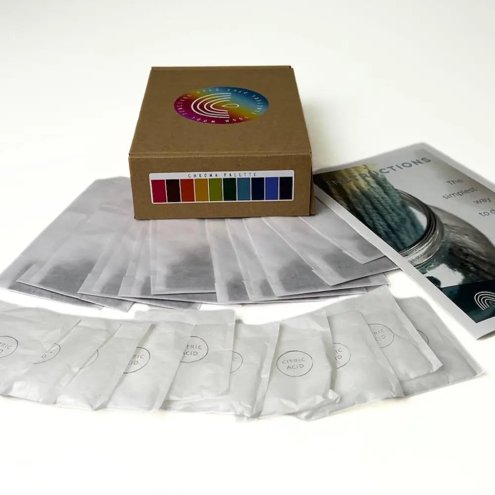 Wool Tincture tea bag dye kit for protein fibers.