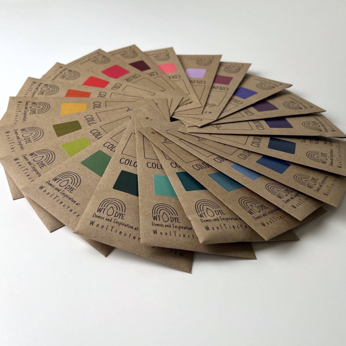 Rainbow collection of Wool Tincture tea bag dye color packs for wool, silk, alpaca, yarn, and protein fibers.