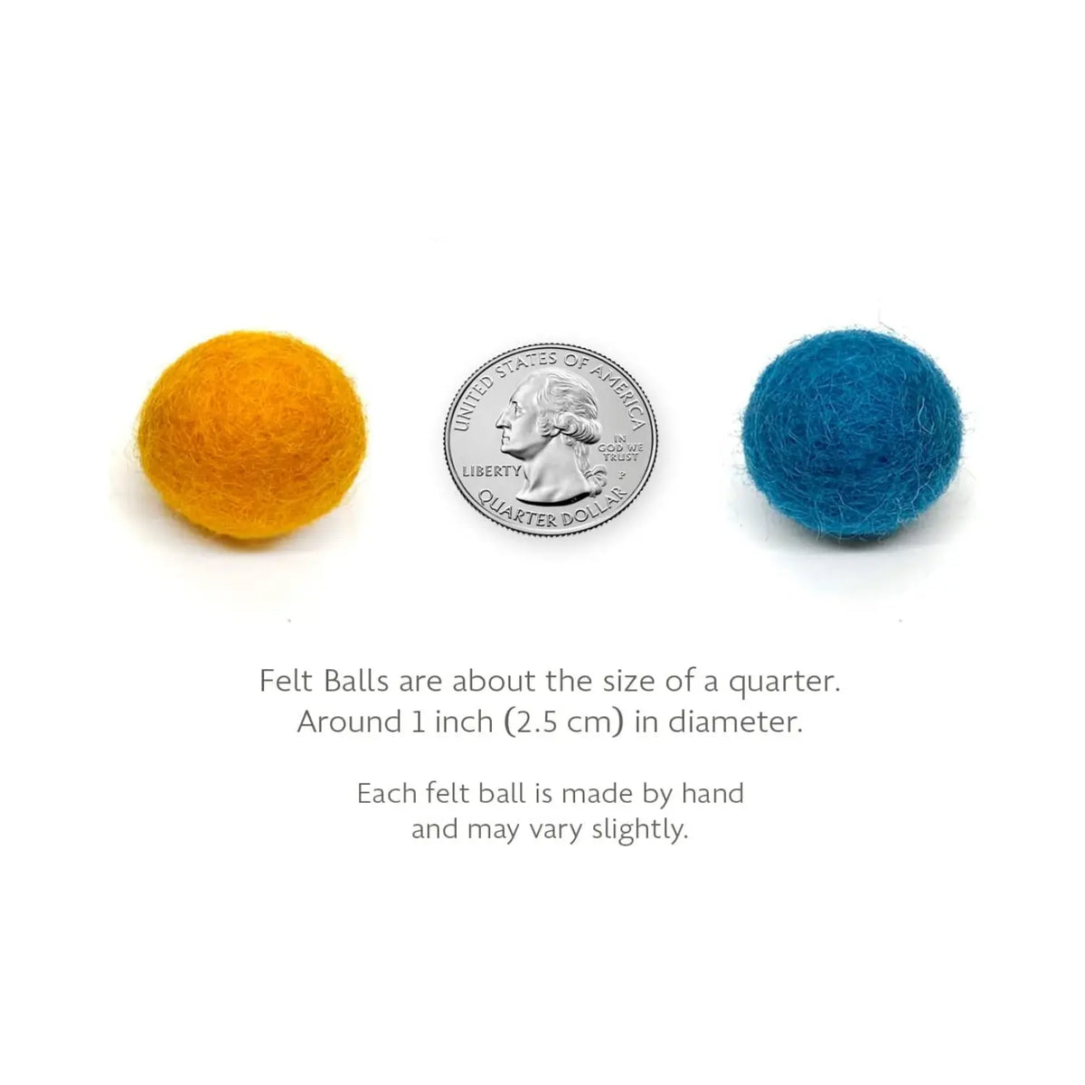 Wool felt balls shown beside a quarter to illustrate their approximate 1-inch size.