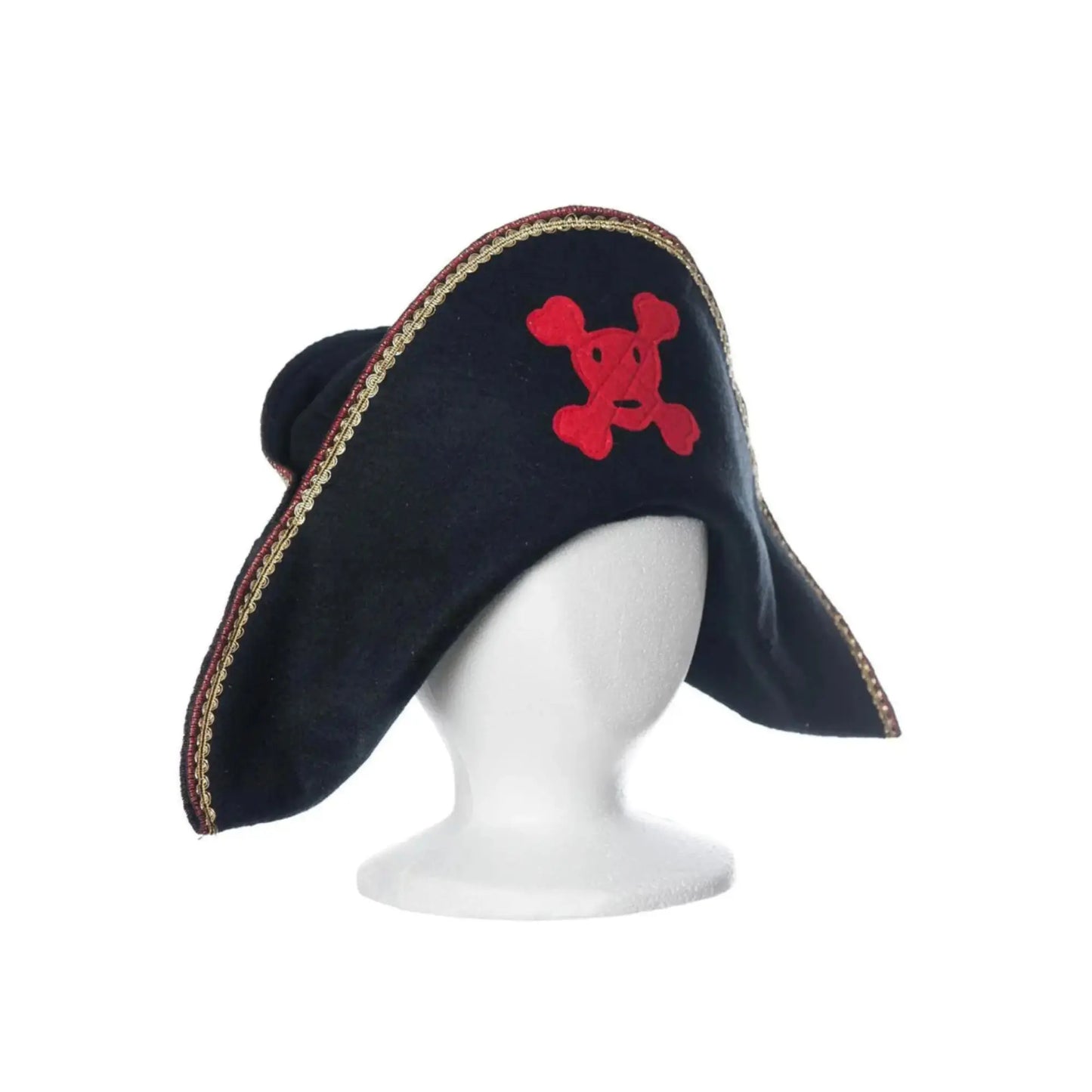 Wool pirate hat for kids with red skull and crossbones detail