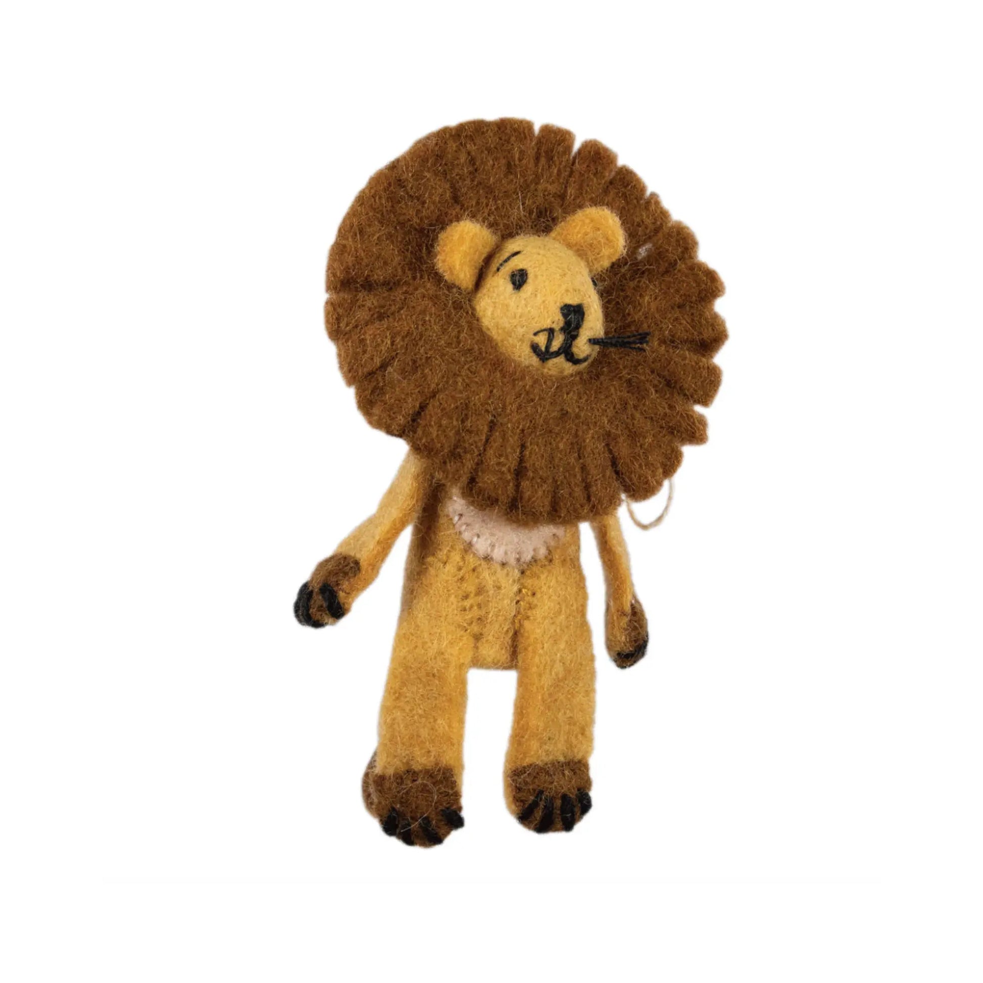 Wool felt lion finger puppet on white background