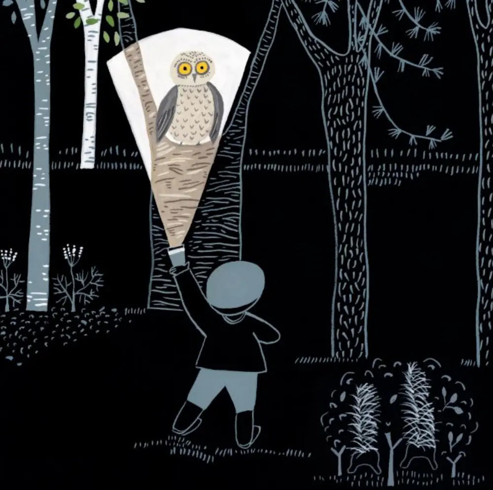 Illustration of a child and an owl in a forest at night.