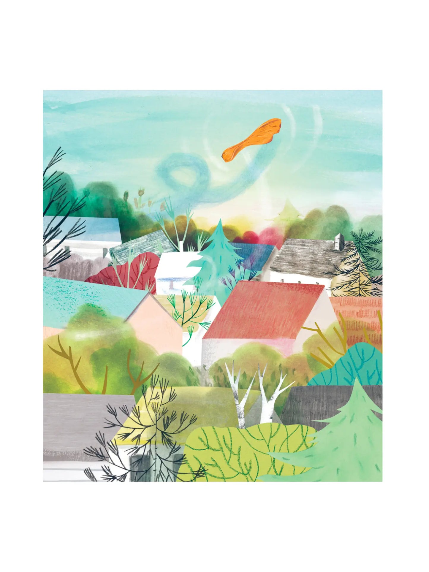 Illustration of a maple tree seed pod blowing through the air over a tree-lined neighborhood