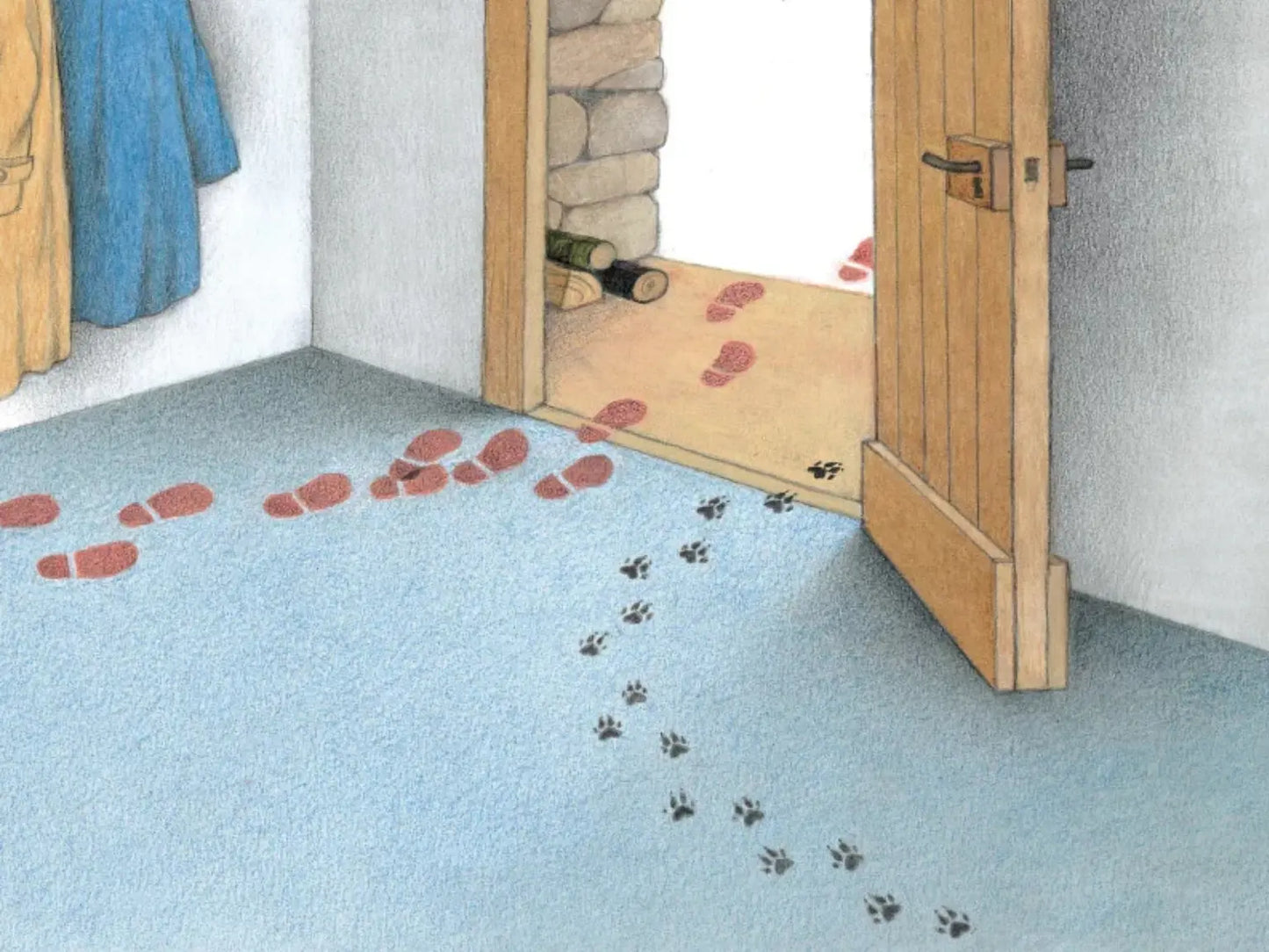 Illustration of paw prints on a carpet leading from a room with clothes to an open door.